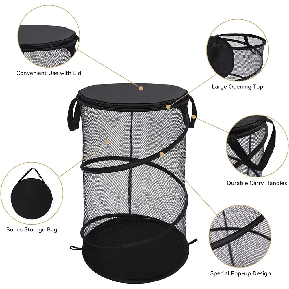 Collapsible Mesh Pop up Laundry Hamper for Clothes with Wide Opening