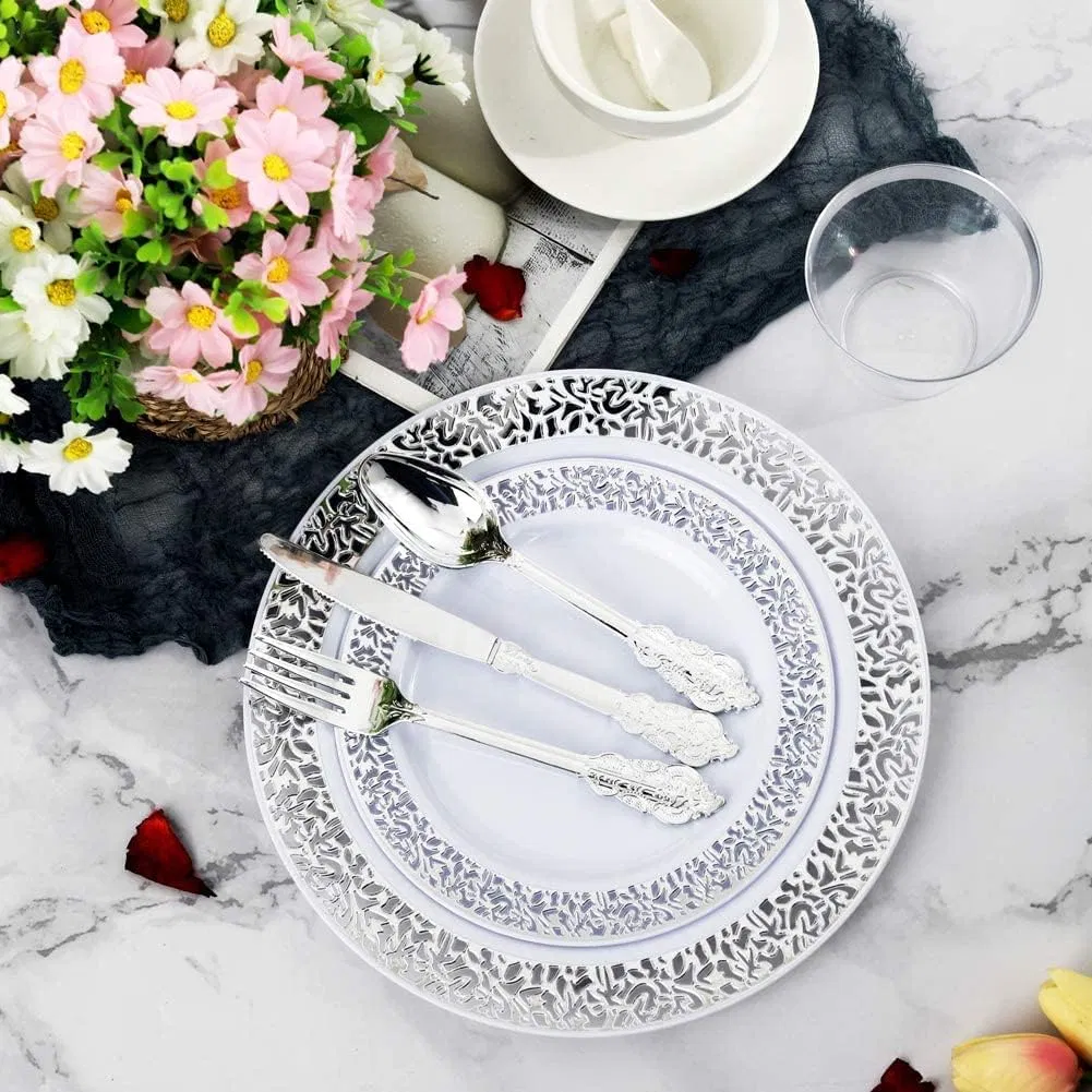 Silver Plastic Plates 10.25 for Big Party White with Silver Lace Rim Disposable Dinner Plates Heavy Duty for Party Wedding Birthday