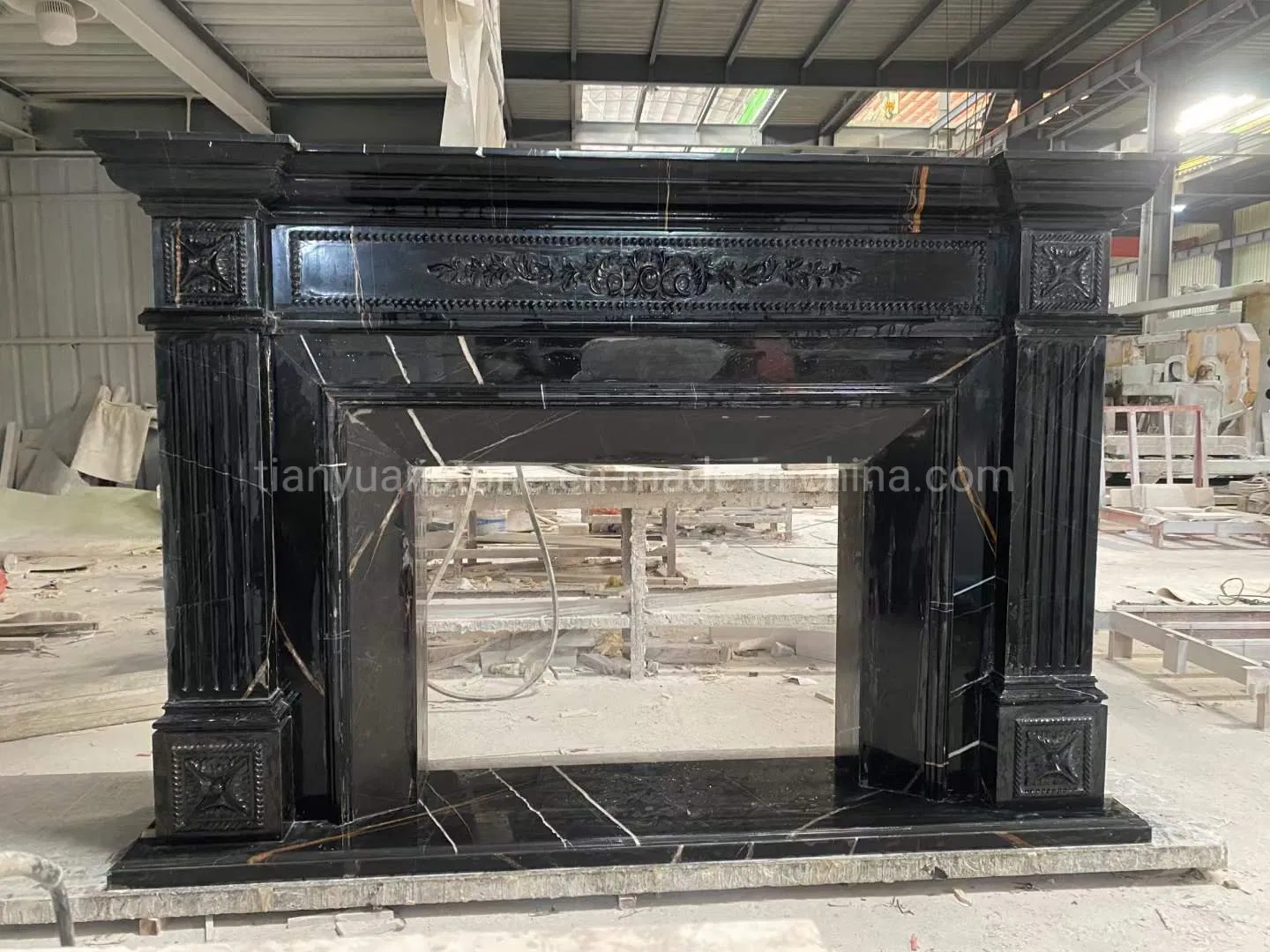 Hand Carved Decorative Natural Gold Black Classic Column Marble Fireplace Mantles