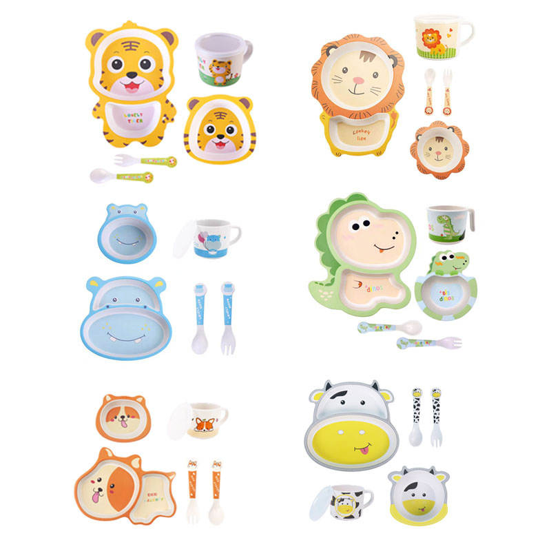 Bamboo Fiber Children Tableware Kids Plates and Bowls Biodegradable Baby Feeding Dishes 5PCS Cartoon Divided Plate Set