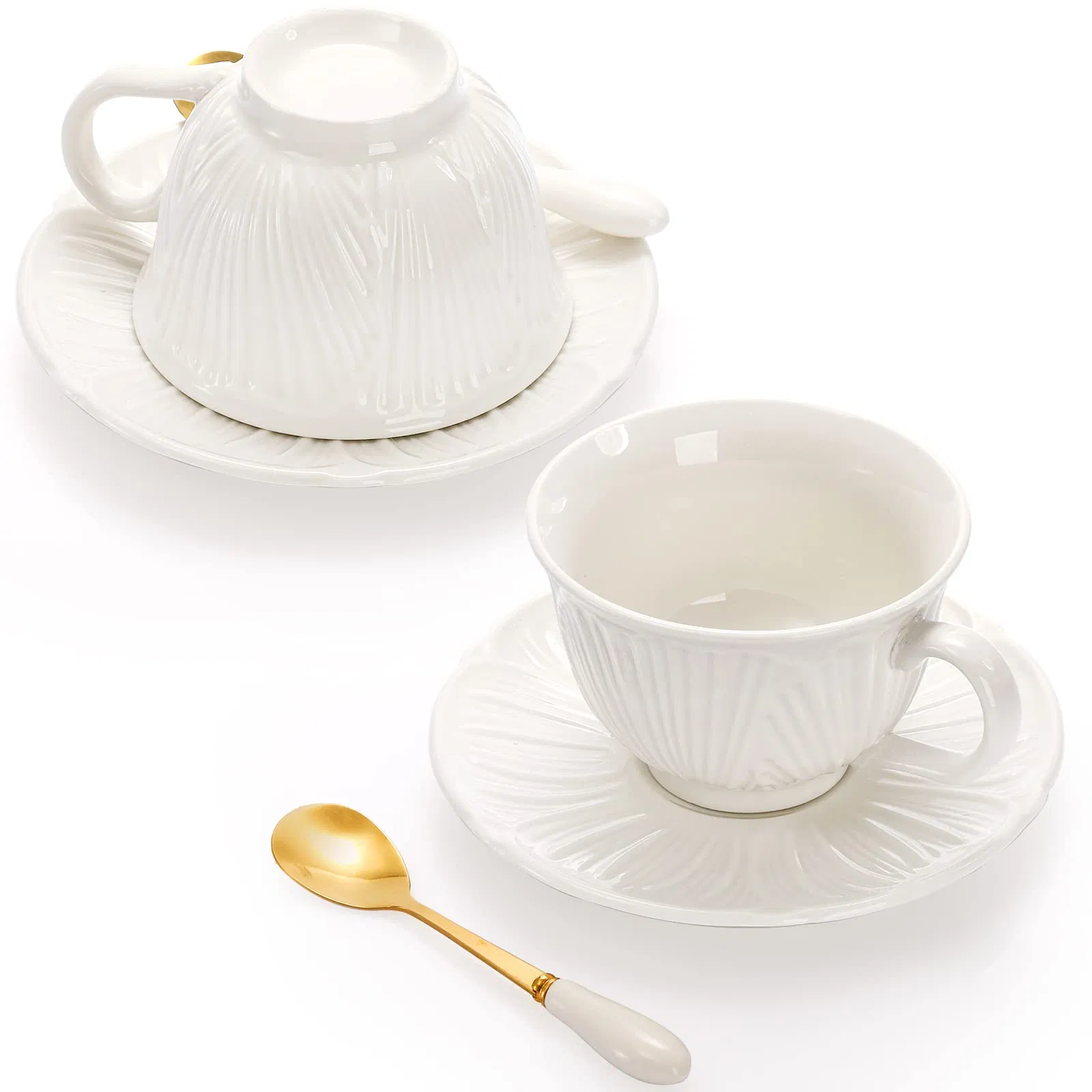 Exquisite Large Spoon New Design White Porcelain Tea Cups and Saucers
