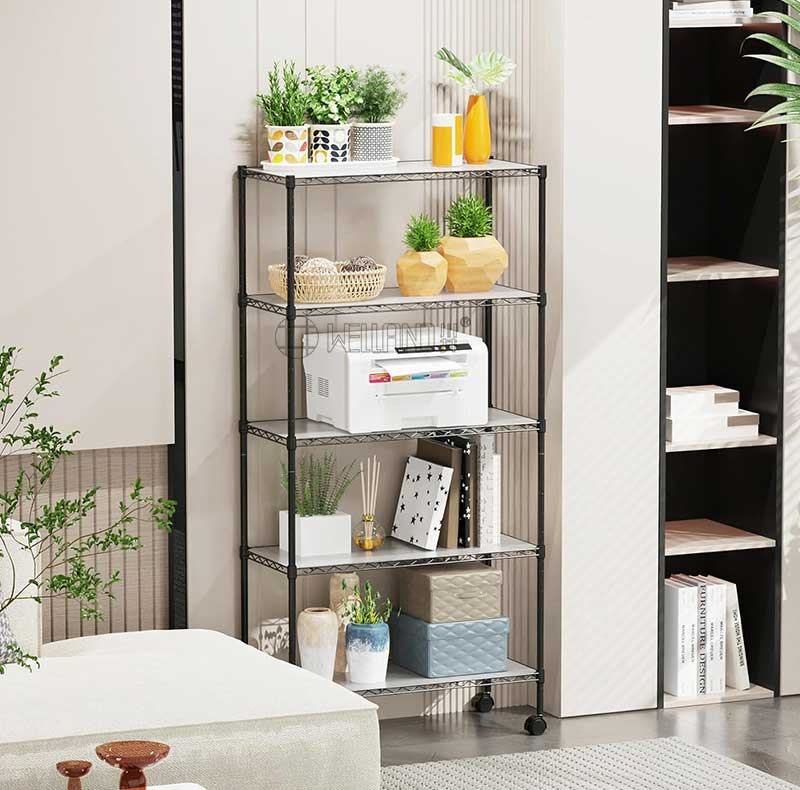Wholesale 5-Tier Adjustable Wire Shelves Tall Storage Organizer Lacquer Kitchen Microwave Oven Pot Rack with Wheels