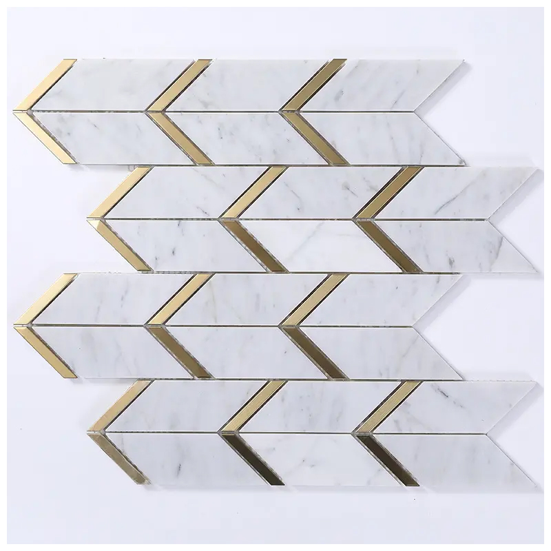 Carrara White Marble Chevron with Gold Brass Mosaic Tiles