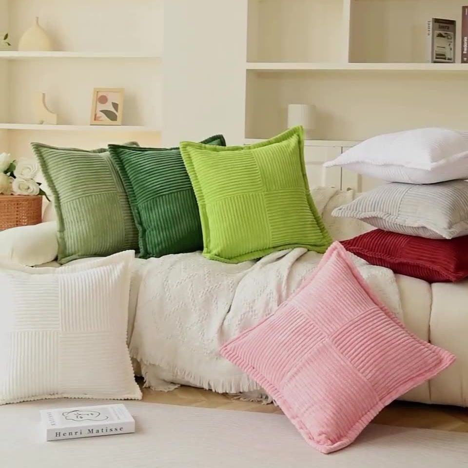 Nordic Simplicity Decorative Solid Color Pillow Case Decorative High Quality Corduroy Cushion Covers with Splicing Design