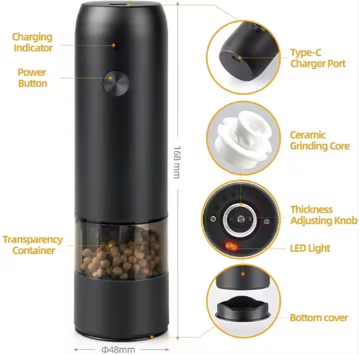 USB Rechargeable Electric Salt and Pepper Grinder Set Adjustable Grinding Coarseness Automatic Pepper Mill Grinder