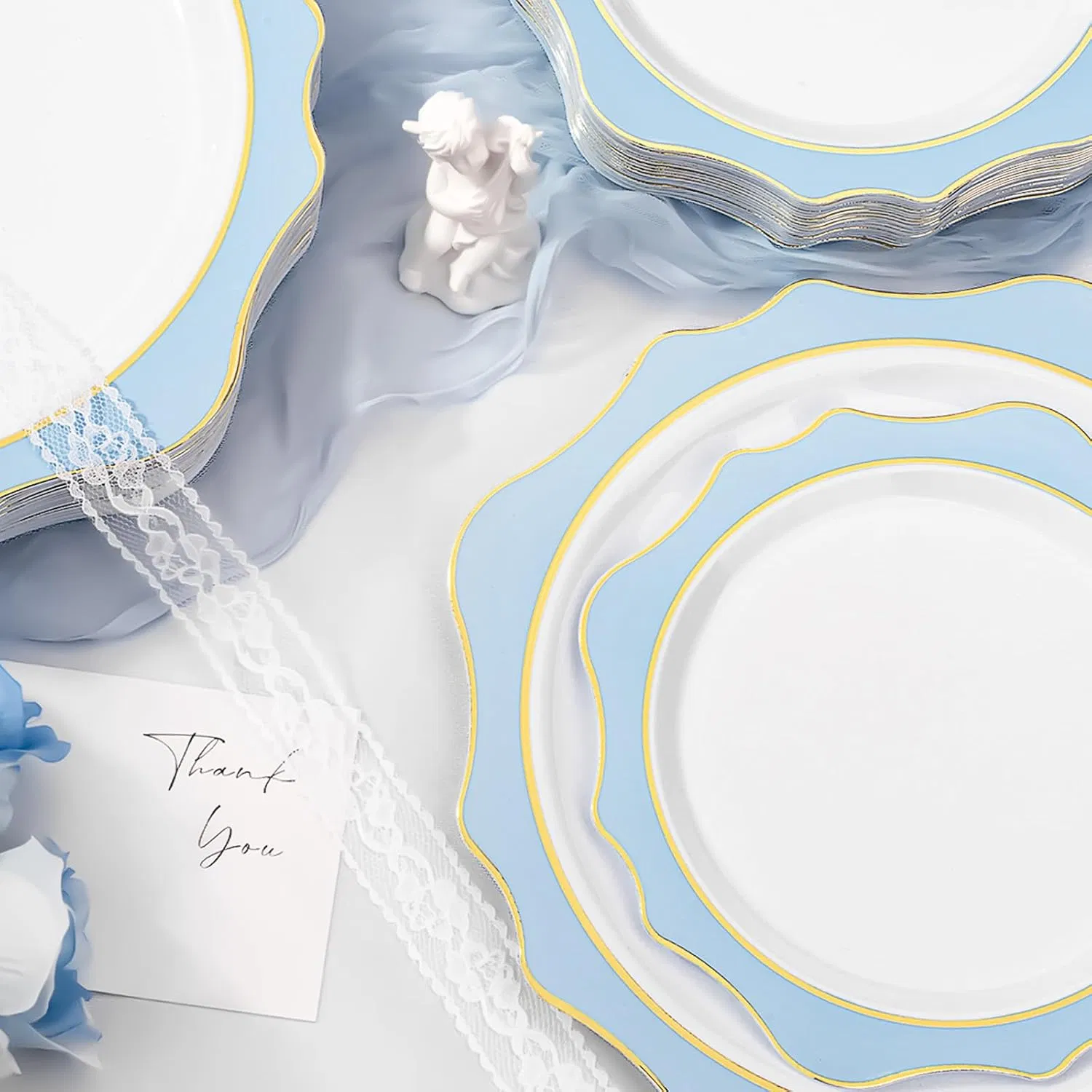 White and Blue Disposable Plates Scalloped Flowers Plastic Plates
