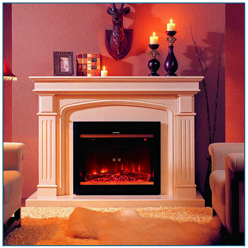 Italian White Marble Fireplace Metal Frame with Design Sculpture