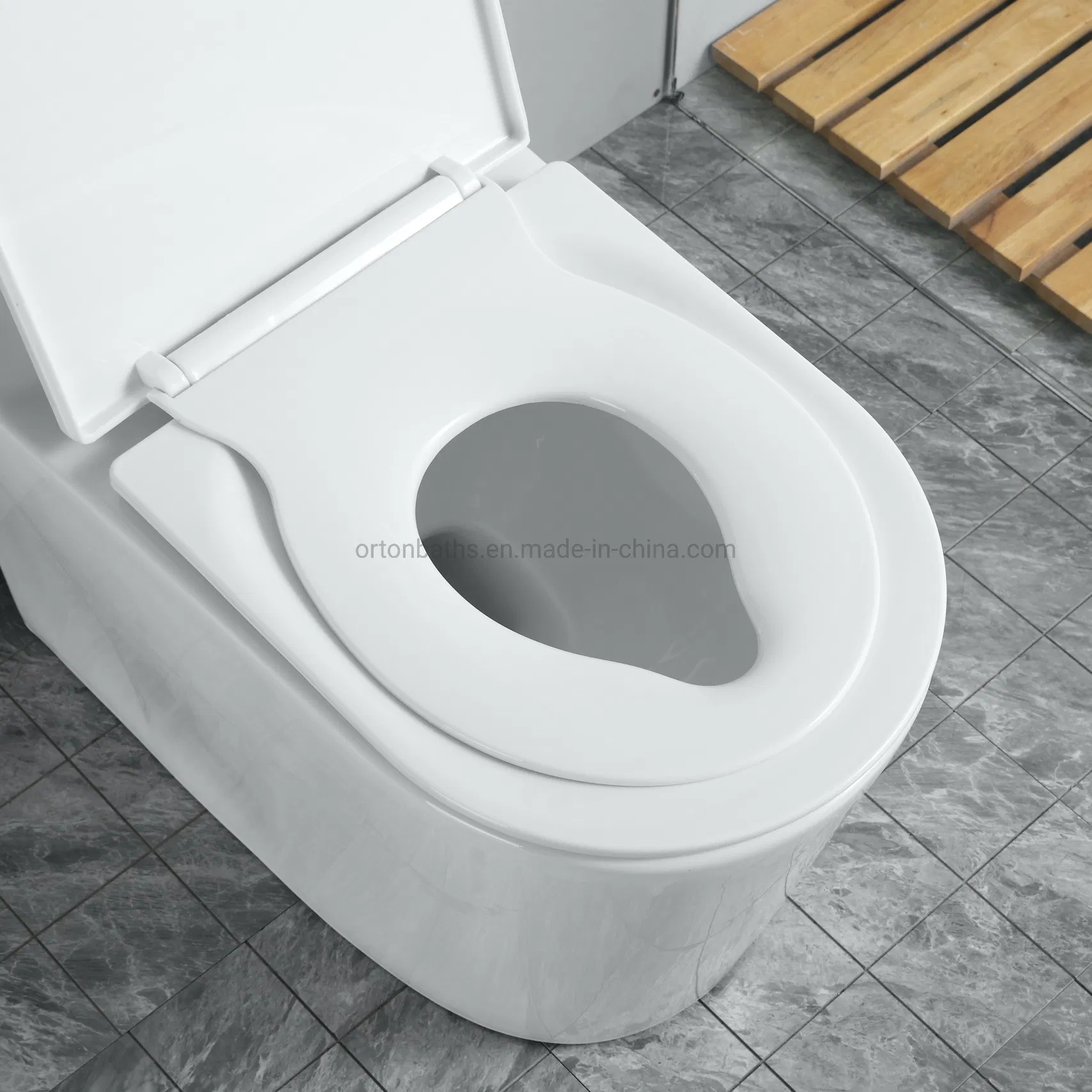 Ortonbath China Sanitary Ware Hinged Glossy Sustainable Recycled Wood Environment Friendly MDF Toilet Bowl Seat Cover for Both Adult and Children Kids