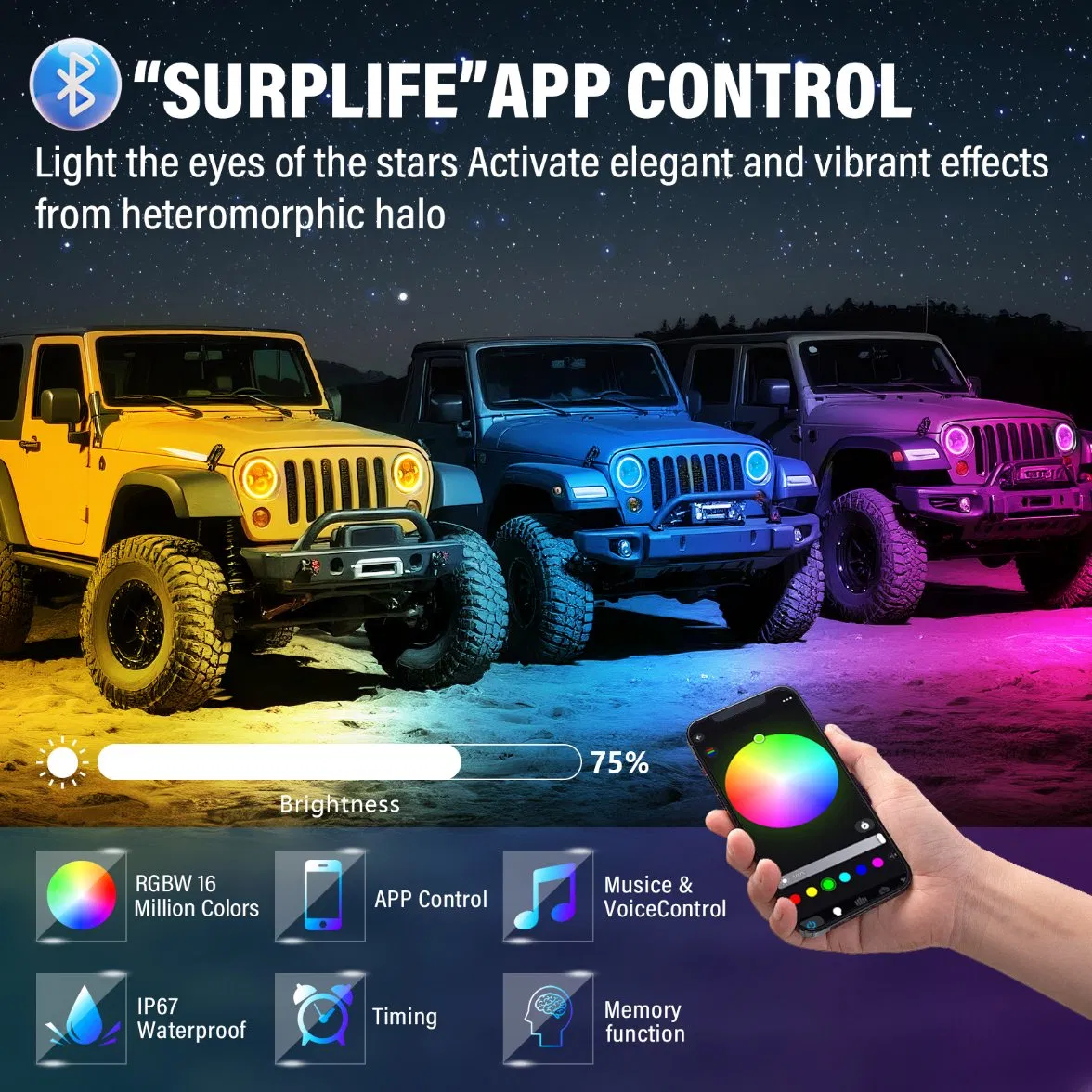 RGB LED Headlight Kit for Wrangler JK with Bluetooth App Control & Bracket