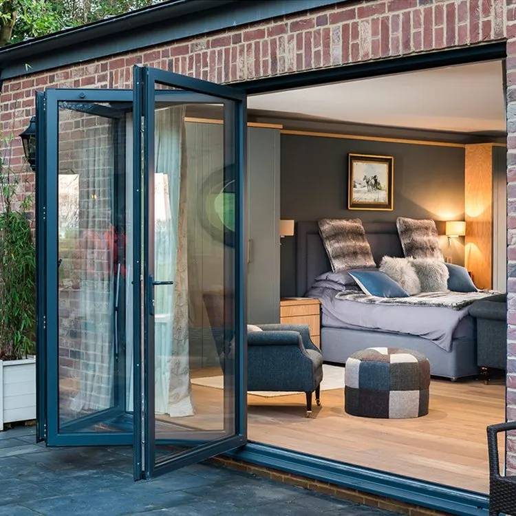 Black Frame Thermally Broken Glass Folding Door with Insulated Panels for Year Round Energy Savings