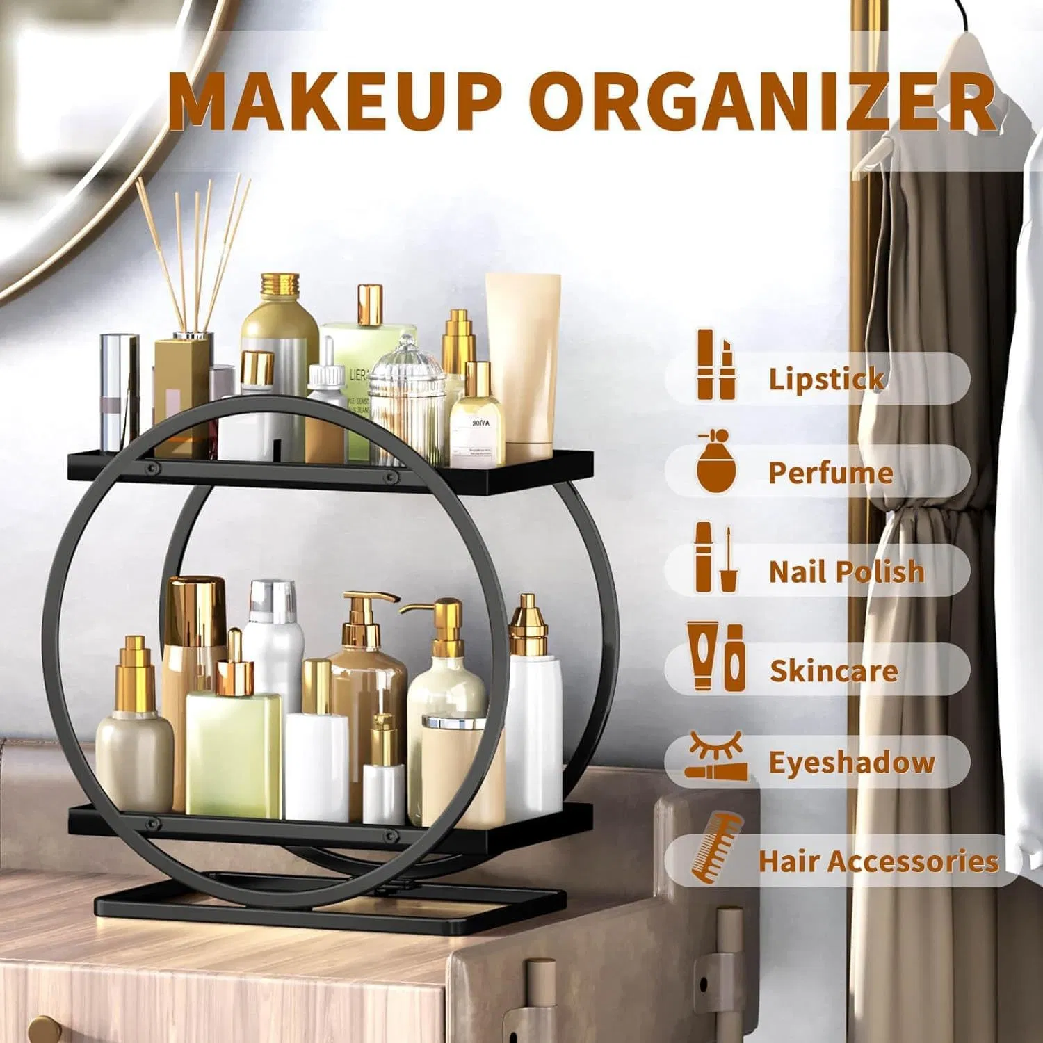 Makeup Organizer for Vanity Black Gold Perfume Dresser- 2 Tier Skincare Organizers