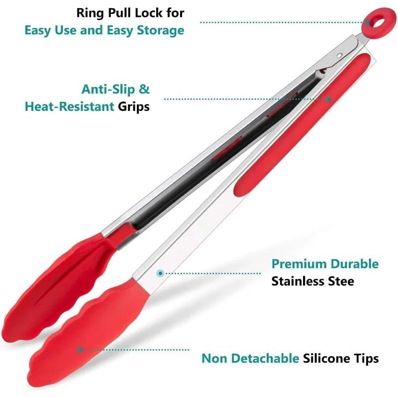 Kitchen Silicone Tongs BBQ Grilling Tong Cooking Salad Bread Serving Tong Non-Stick Barbecue Clip Clamp Stainless Steel Tong