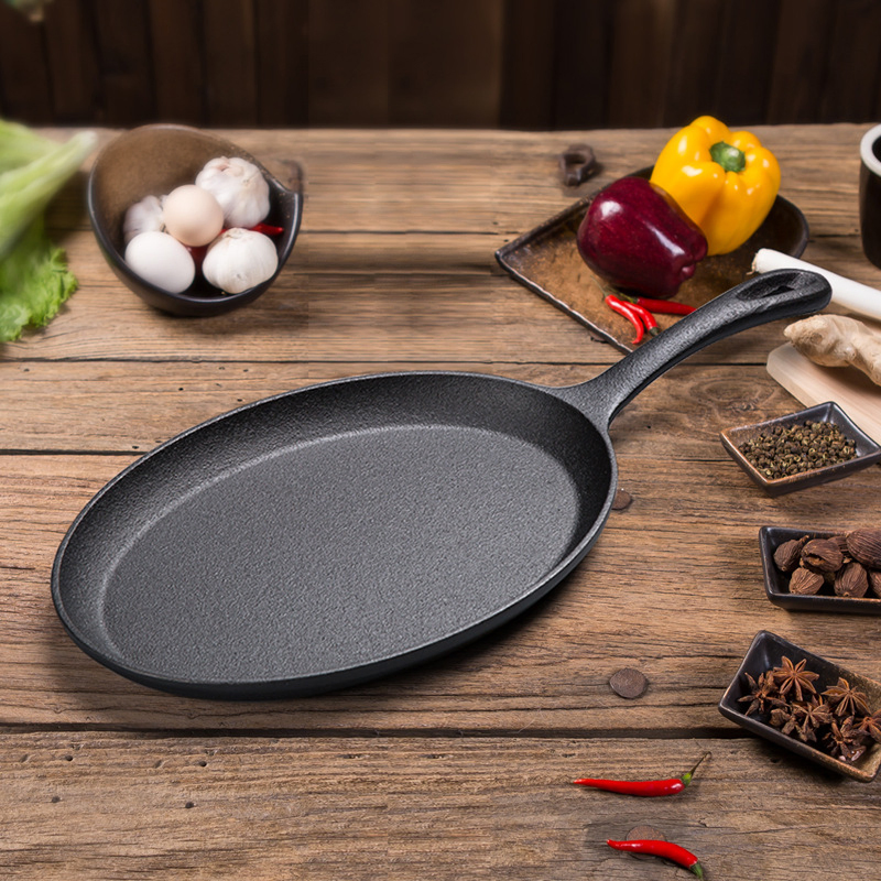 Sizzling Steak Hot Plate Cast Iron Grill Fried Pan BBQ Griddle Oval Steak Sizzling Plate