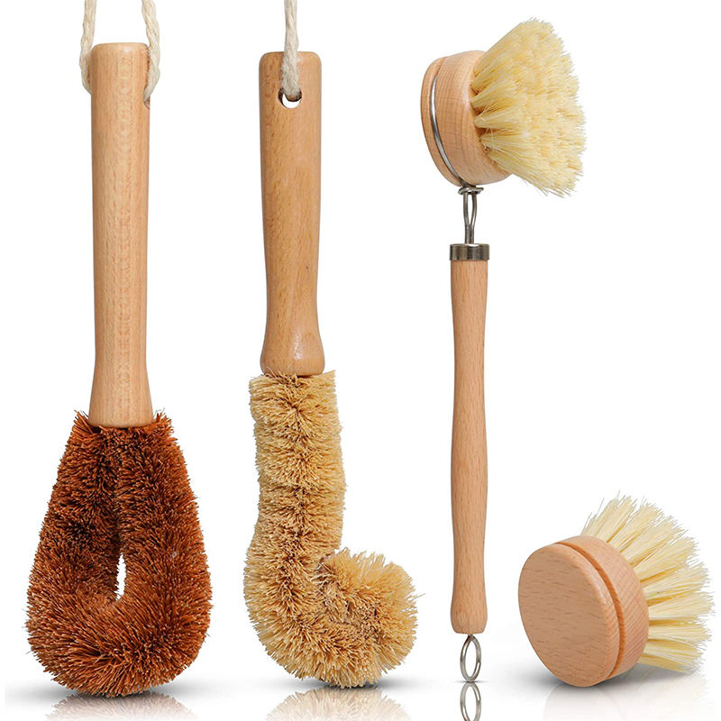 Factory Wholesale Eco-Friendly Reusable Bamboo Sisal Long Handle Kitchen Dish Cleaning Brush