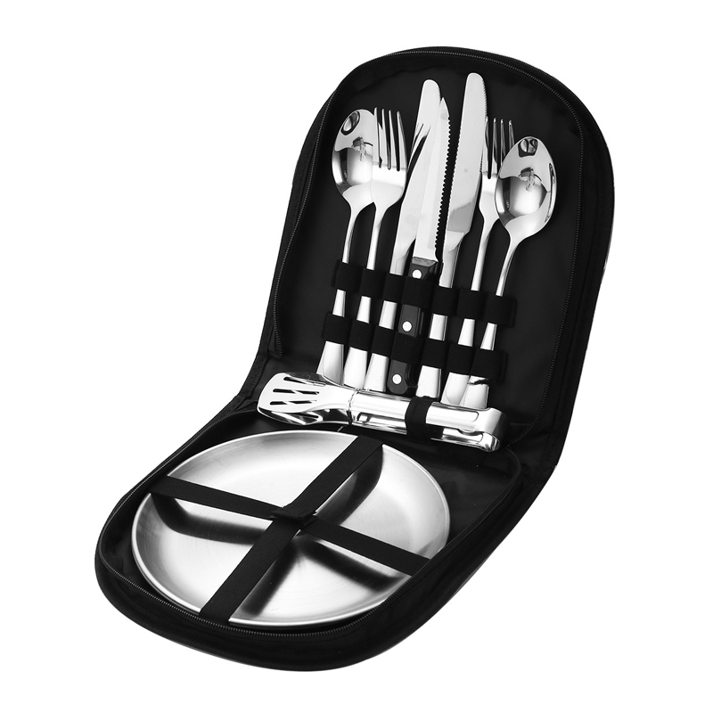 11PCS Stainless Steel Outdoor Cutlery Set Camping Picnic Knife Fork Spoon Plate Set
