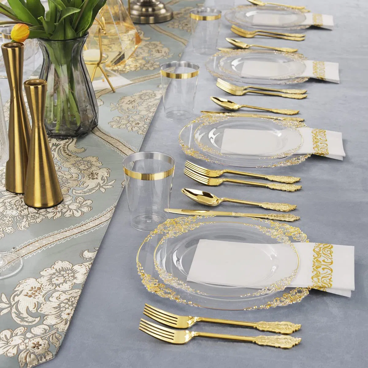 Factory Direct Acrylic Charger Plates Wholesale Clear Charger Plates with Gold Rim Plastic Clear Charger Plates with Gold Rim