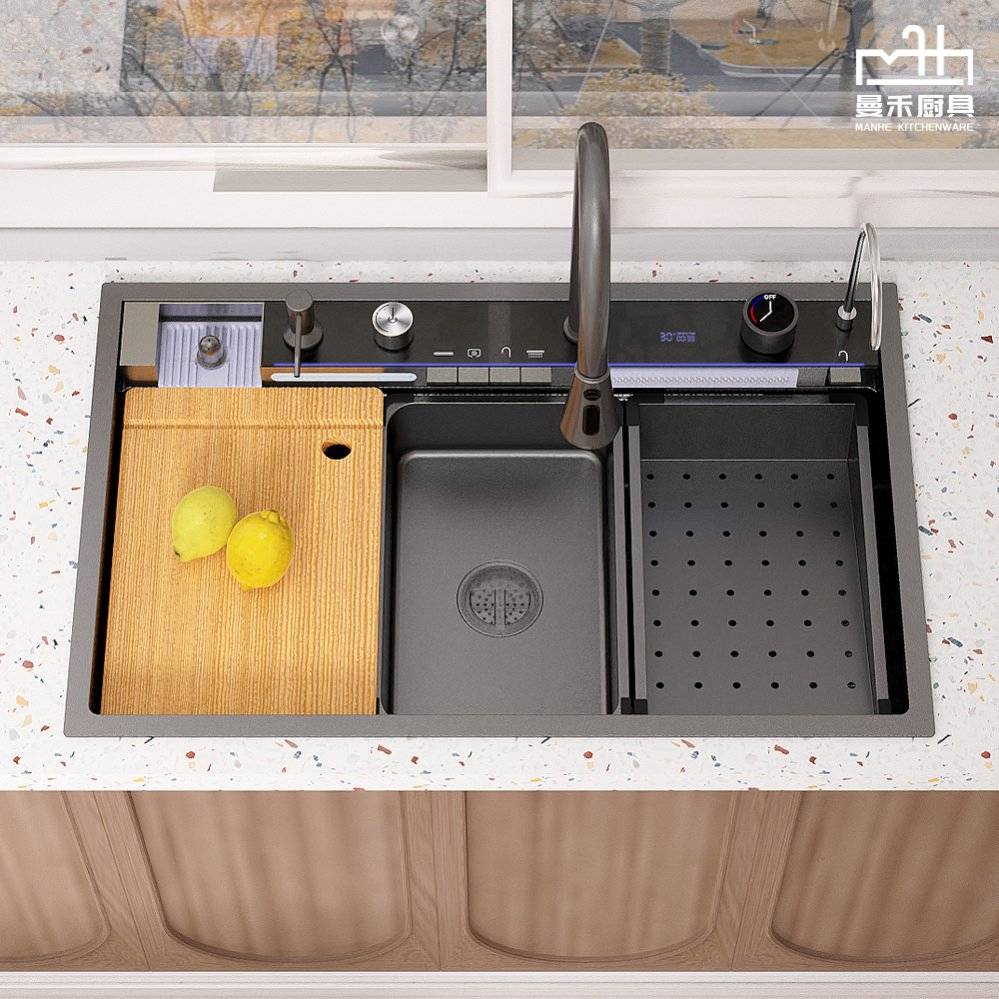 New Undermount Waterfall Kitchen Sink Flying Rain Sink Multifunctional Sink Nano Black Sink Whale