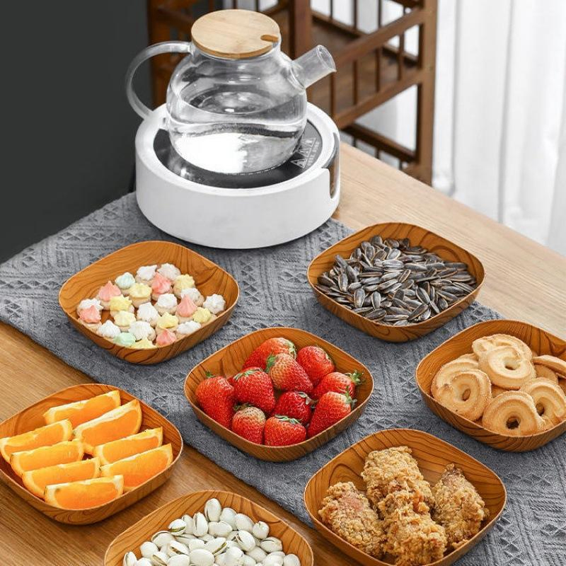 Melamine Wood Grain Square Bone Dish, Snack Dried Fruit Cake Snack Tea Art Bone Dish Tray