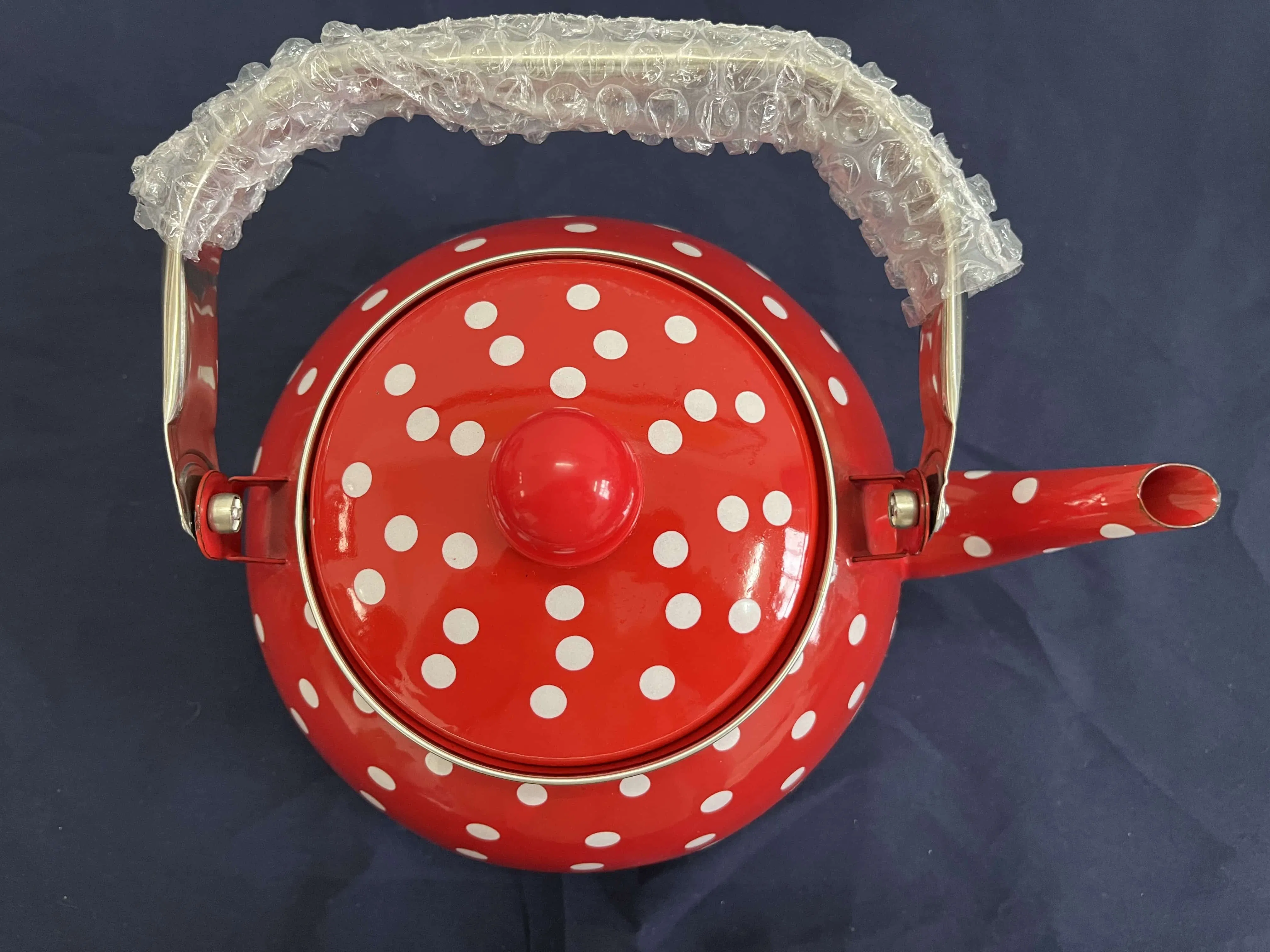 Red Enamel Kettle with White Spots Stainless Steel Handle Round Teapot
