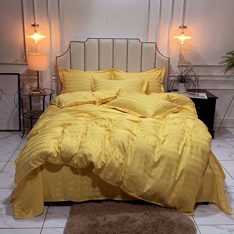 Luxury Hotel Full Size Gold Yellow Color 100% Microfiber Bedsheets Comforter Cover Stripe Home Bedding Set