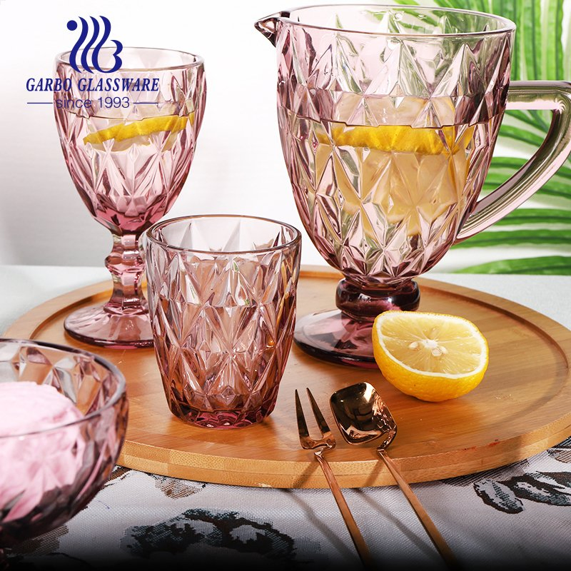 Pink Solid Glassware Set 7PCS Glass Drinking Set Colored 11oz Glass Pitcher Stemware Glass Goblet Flute Glass Goblet Wholesale Gift Order Glassware Set