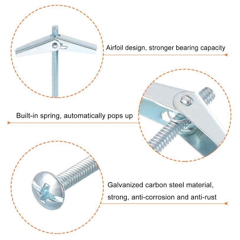 24PCS 1/4" 3/16" 1/8" Zinc Plated Round Head Toggle Bolt Assortment Kit