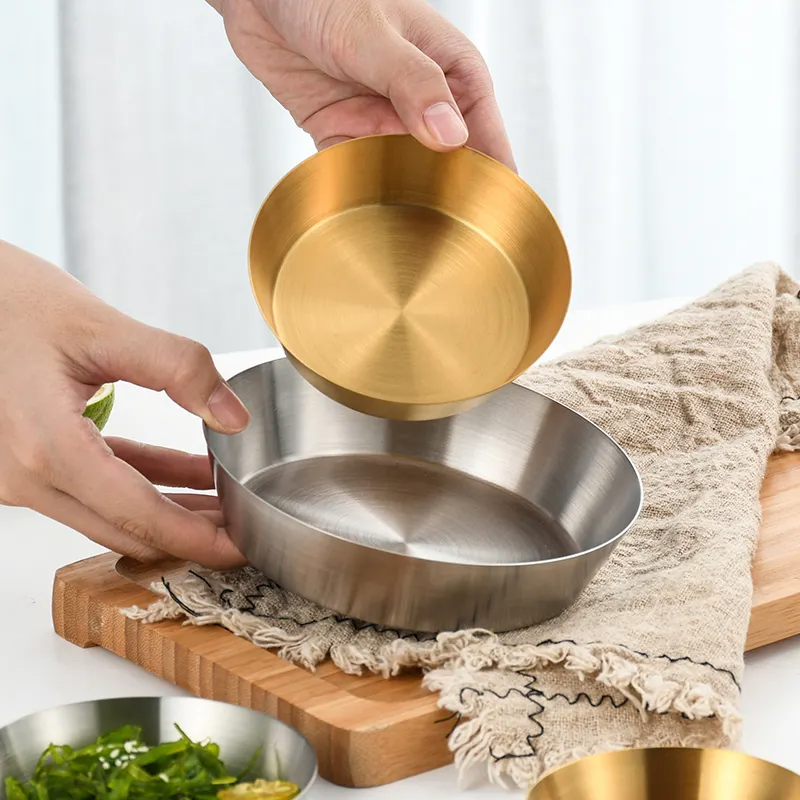 Wholesale 18/8 304 Stainless Steel Korean Golden Snack Square Plate Rice Salad Noodles Basket Dessert Plate