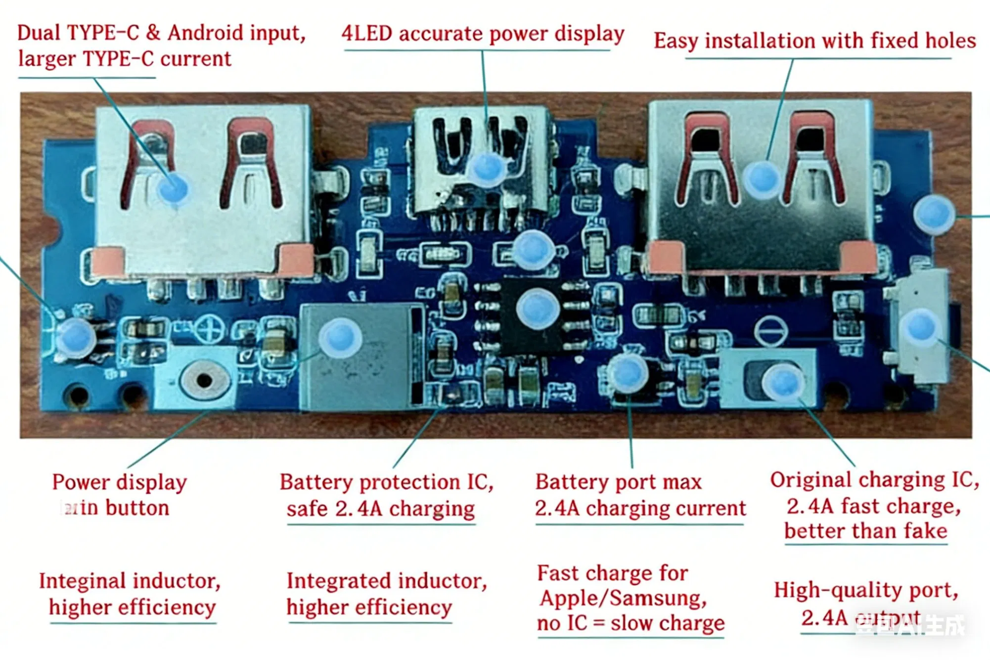 Плата зарядки Type-C, 5V 2.4A, двойной USB выход