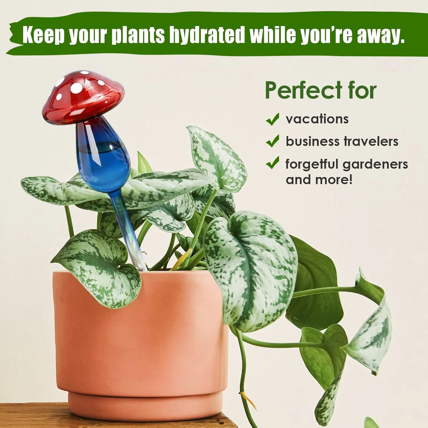 10" Long Gradient Red Blue Hand-Blown Glass Globe Pot Plant Waterer