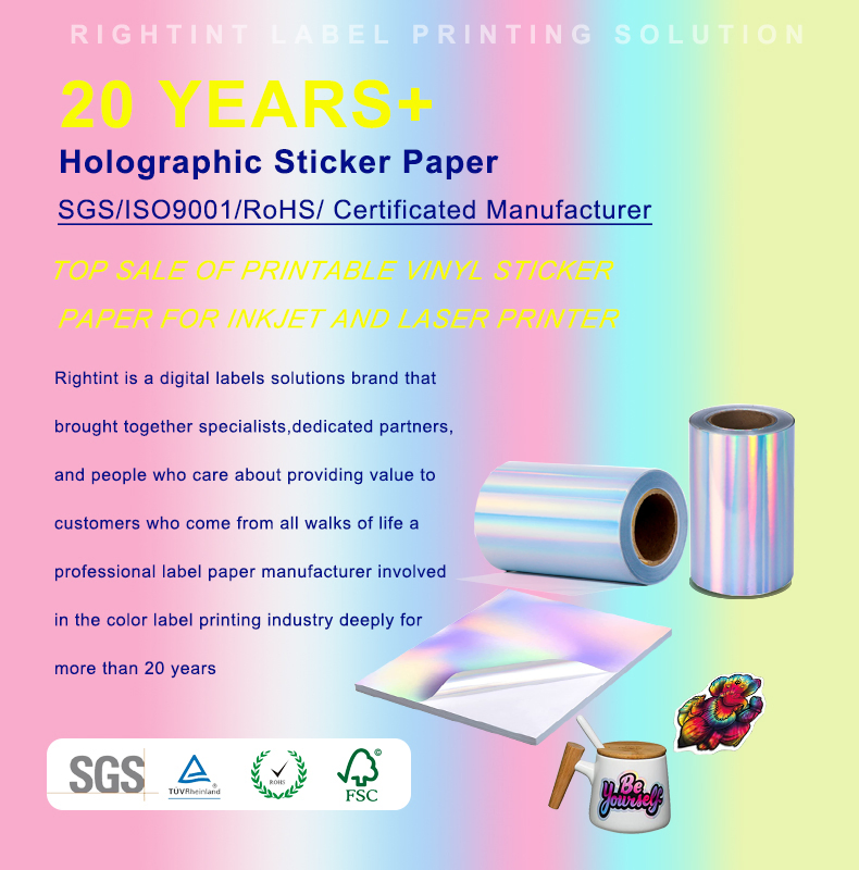 Rightint Carton A4, OEM Self Adhesive Vinyl Labels Holographic Sticker