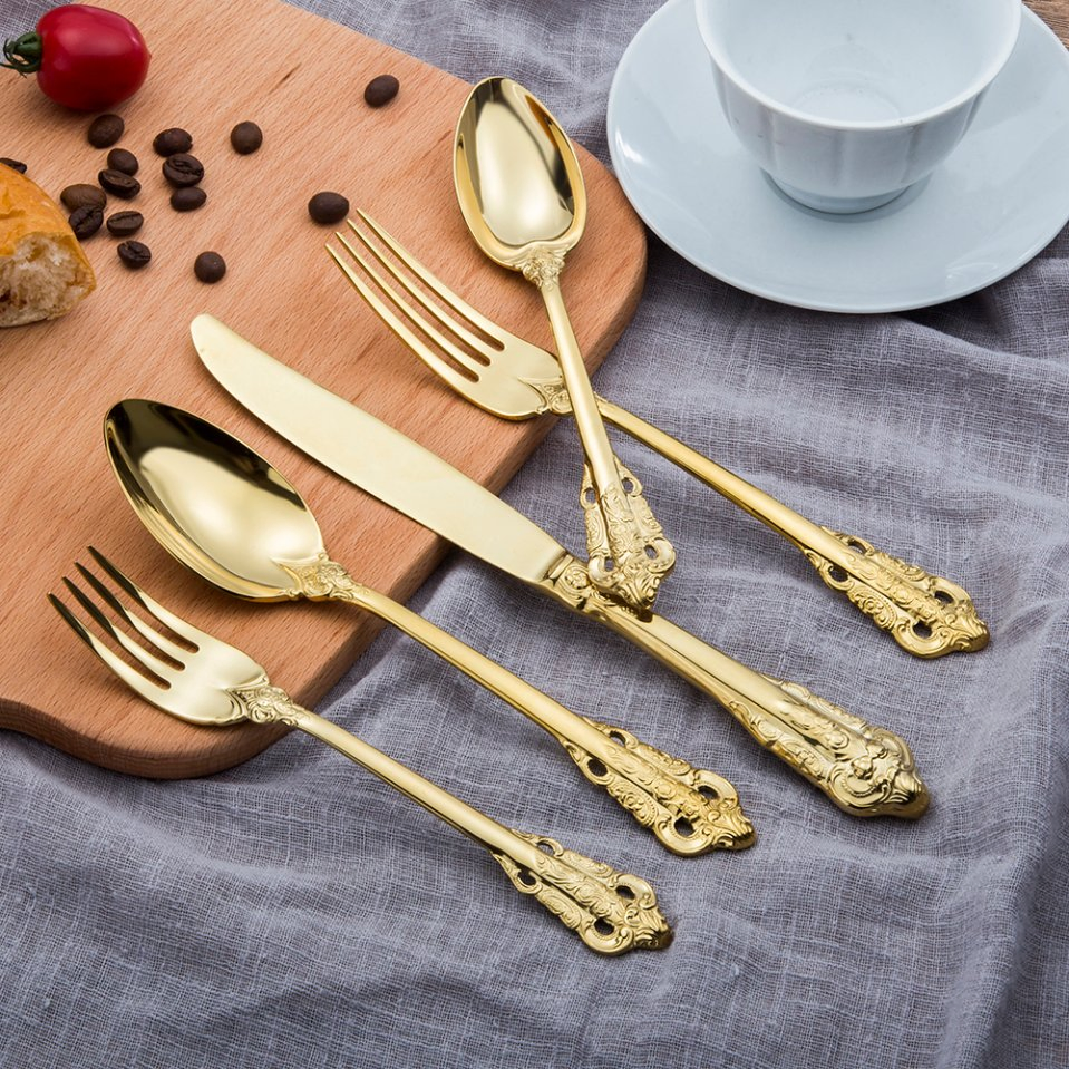 Luxury Gold Flatware Wedding Cookware Stainless Steel Dinner Cutlery Colour Utensils