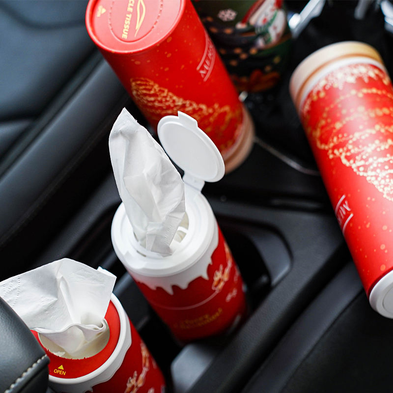 Christmas Design Eco-Friendly Disposable Cylinder Tissue Box Quality Soft Car Facial Tissues