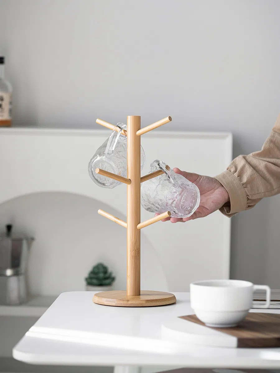 Bamboo and Wood Cup Holder, Storage Rack, Inverted Water - Draining Rack for Teacups