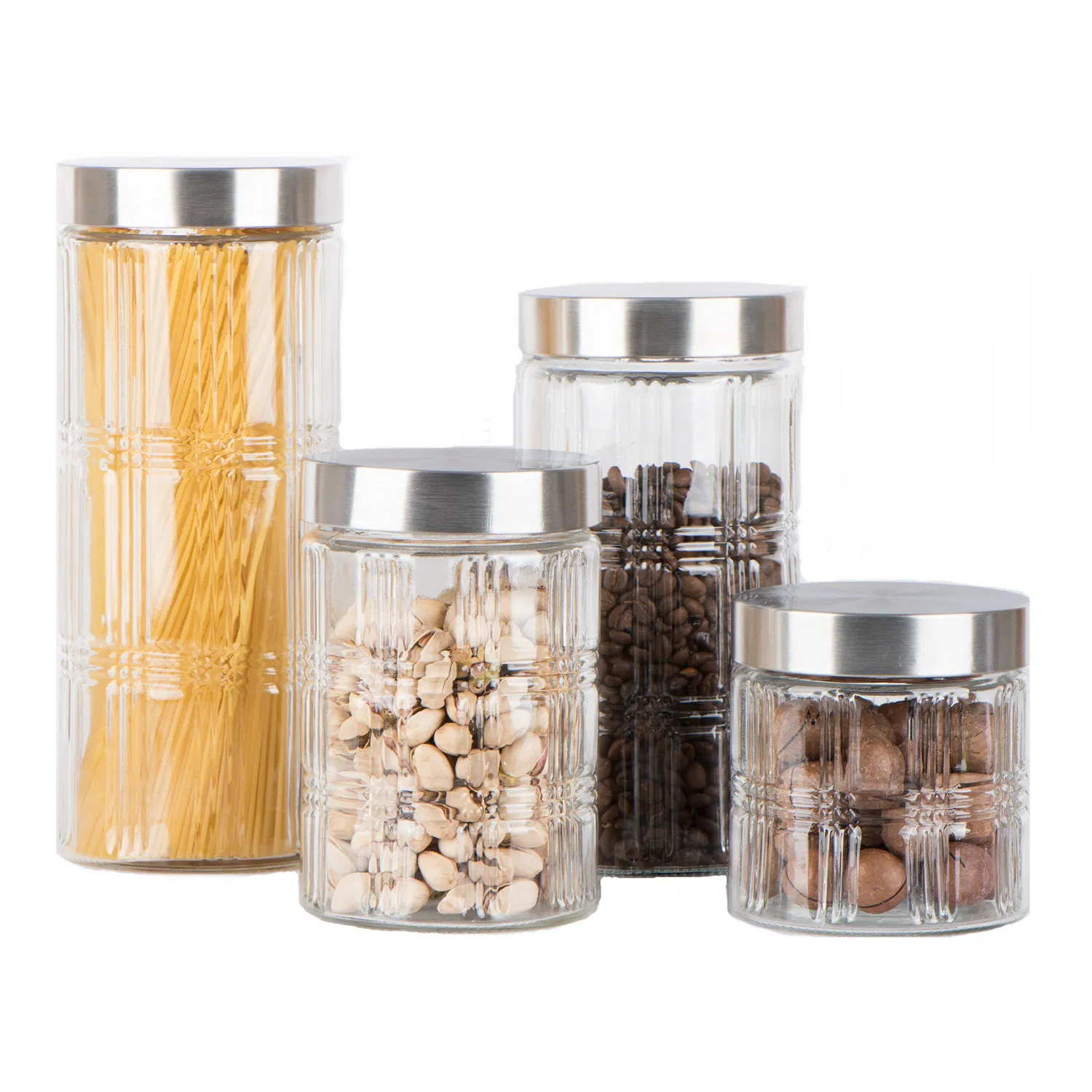 Wide Mouth Food Storage Glassware Glass Jar with Embossed Design and Stainless Steel Lid
