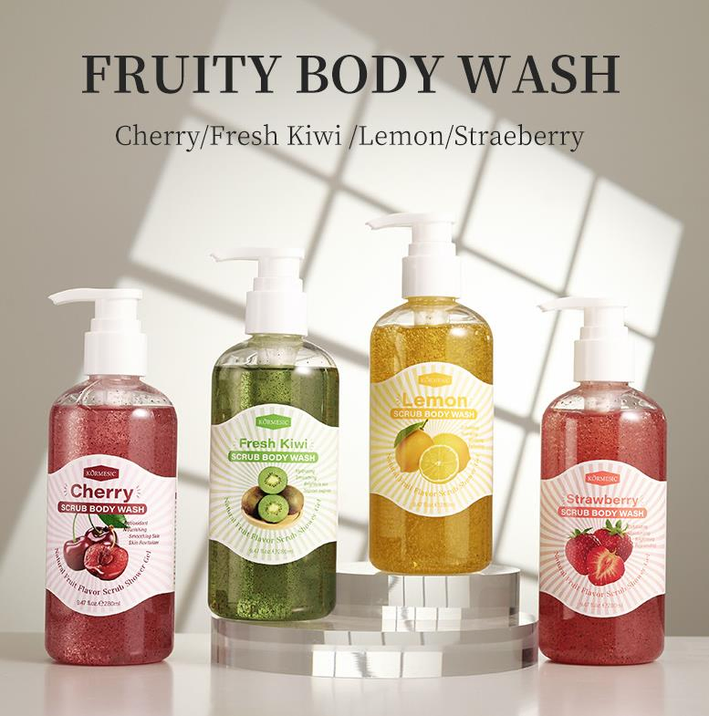 Online Wholesale and Retail Herbal Natural Bath Shower Gel Wholesale Skin Lemon Kiwi Cherry Strawberry Scrub Body Wash Deep Cleansing Exfoliating Shower Scrub