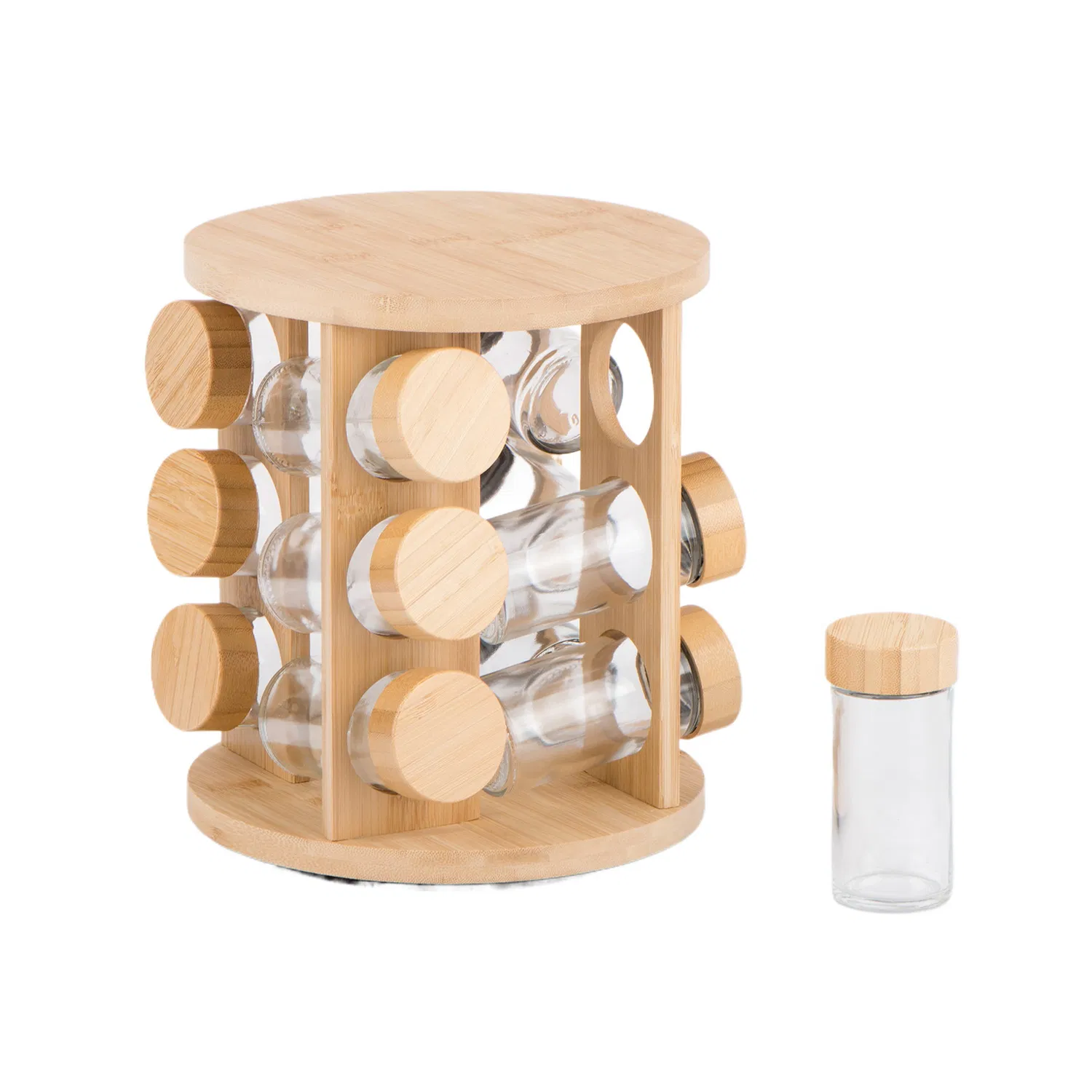 12PCS Round Glass Spice Jar Set Spice Shaker with Bamboo Lid and Round Rotating Bamboo Stand