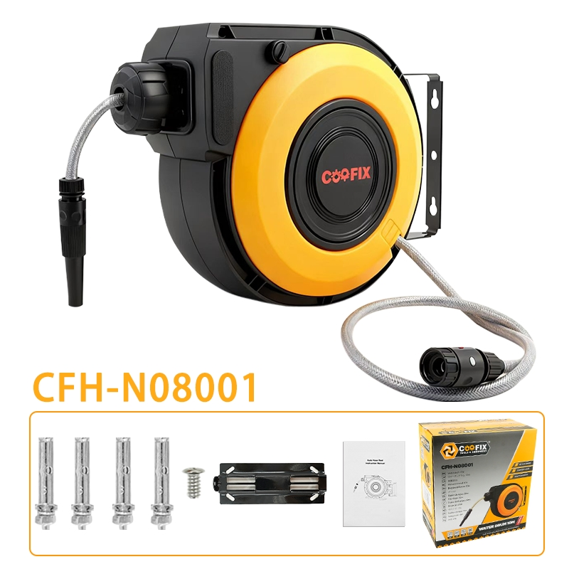 Retractable Garden Hose Reel - 1/2 Inch X 50FT Wall Mounted Hose Reel with 3/4 Inch Brass Fitting & 10 Function Sprayer Nozzle