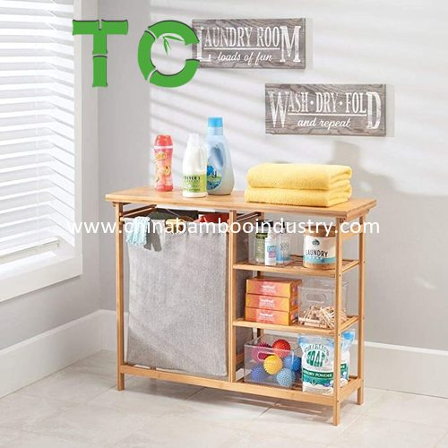 Two-Section Bamboo Laundry Basket Removable Bag and Shelf Wooden Bamboo Laundry Organizer Cabinet Laundry Hamper Sorter