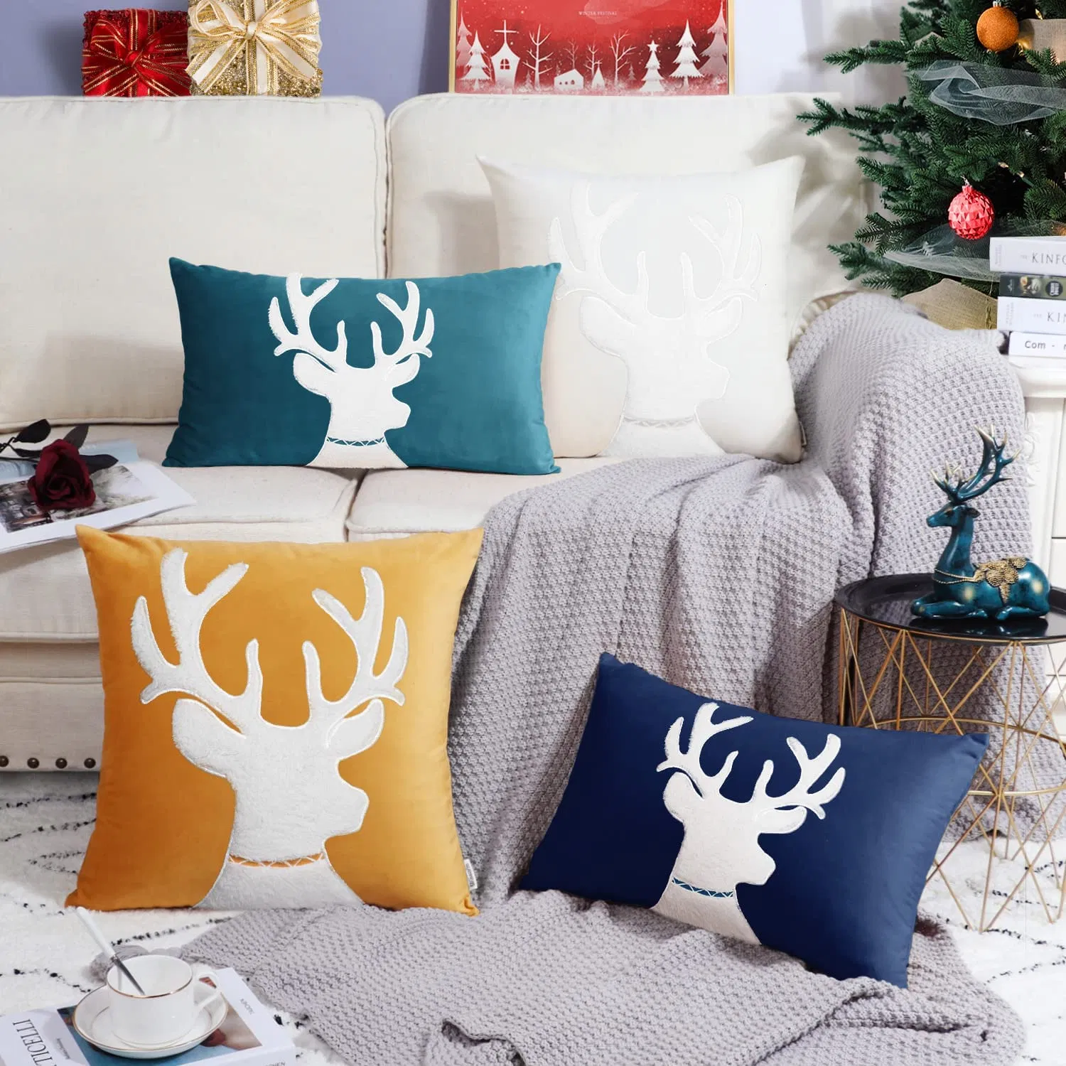Christmas Navy Blue Reindeer Embroidered Soft Velvet Decorative Throw Pillow for Sofa
