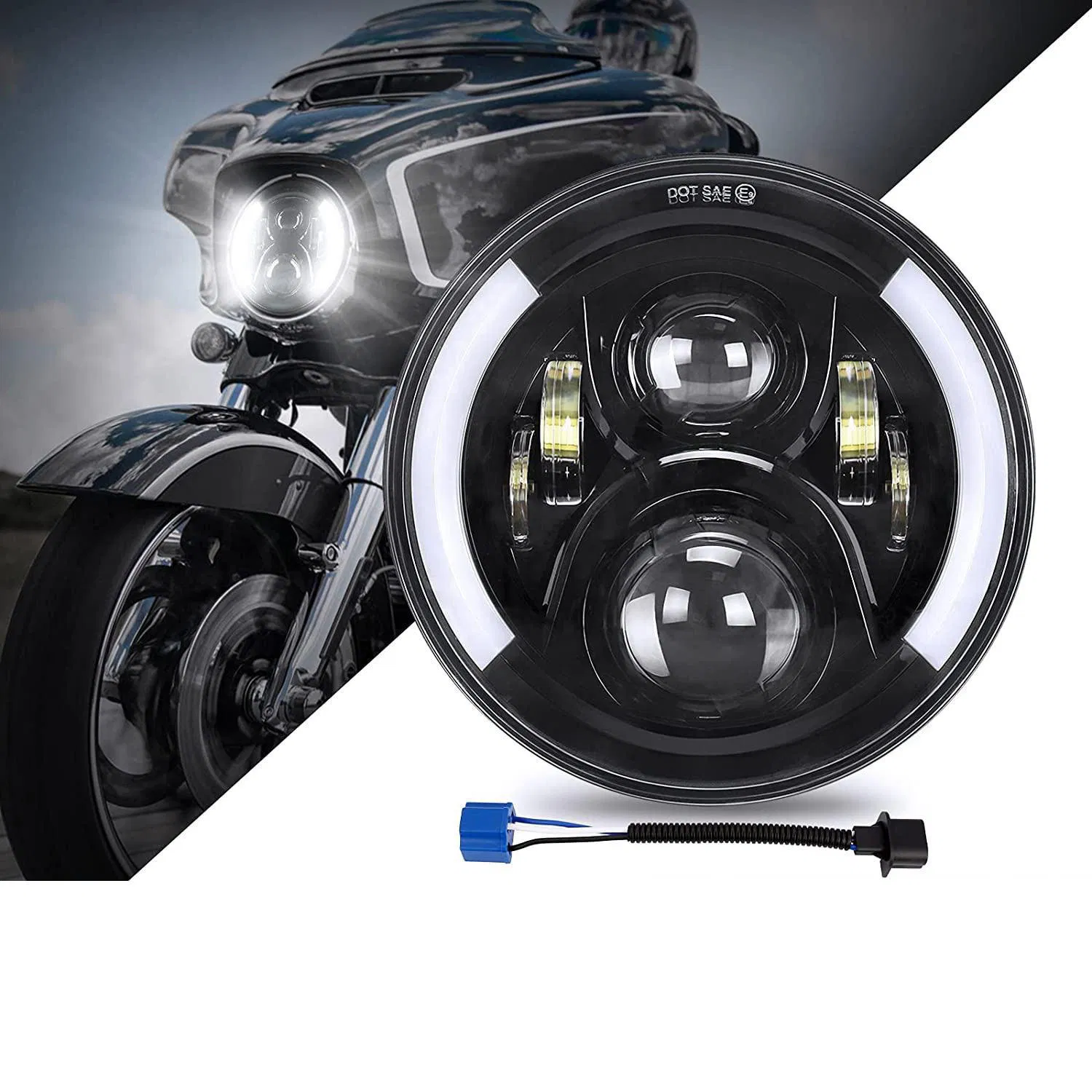 7 Inch LED Motorcycle Headlight with White and Amber Halo Ring