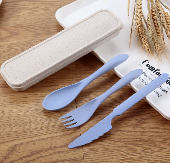 Eco Friendly Biodegradable Wheat Straw Fiber Fork Spoon Knife Flatware Travel Cutlery Set