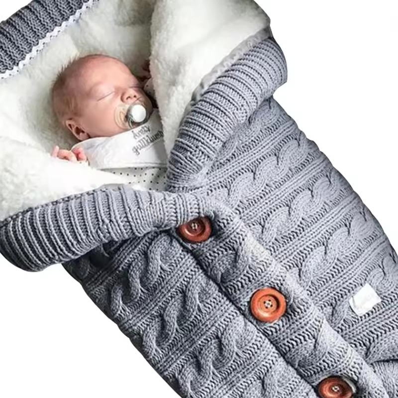 Thick Fleece Double Layers Knitted Newborn Swaddle Blankets Baby Stroller Wraps Infant Sleeping Bag for Winter