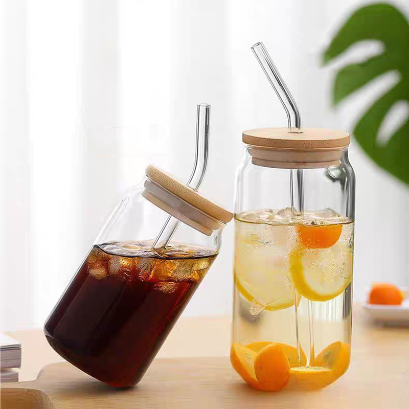 Customized Reusable Clear Glass Can of Sublimation Beer Shaped Tumbler with Bamboo Lid Straw for Tea Cup Milk Coffee Soda Lemon Iced Water Drinking Beverage
