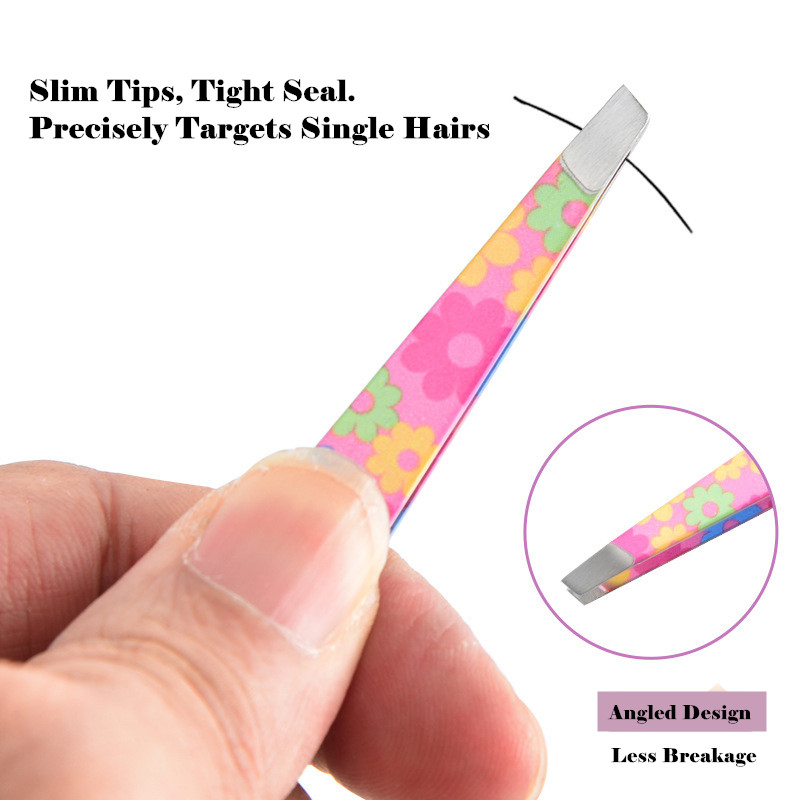 Custom Printed Slanted Tips Cosmetic Beauty Brow Eyelash Tweezers with Pattern Designs