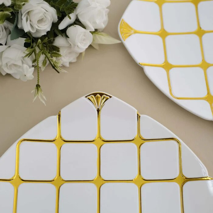 Elegant White Disposable 10" Square Dinner Plates with Gold Lattice
