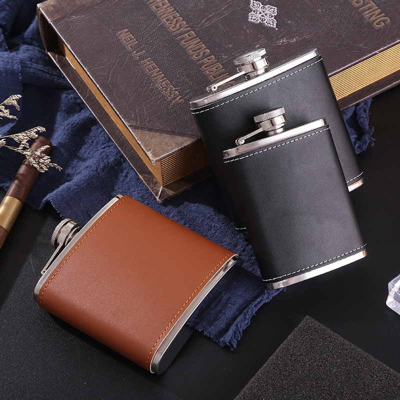 Portable Liquor Leather Cover Sublimation Stainless Steel Whisky Hip Flasks