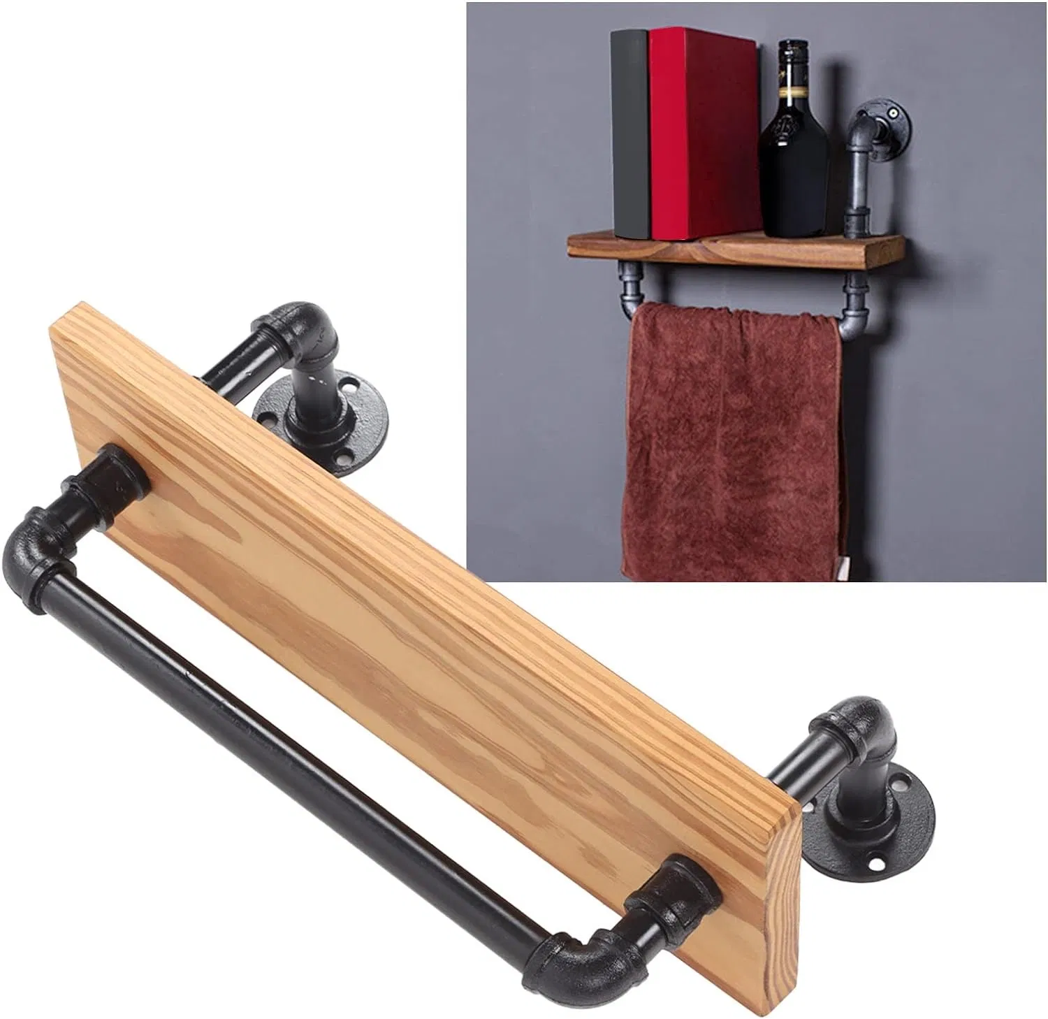 Retro Wall Mounted Shelf - Durable Wood and Wrought Iron Pipe Design for Home Bar and Kitchen