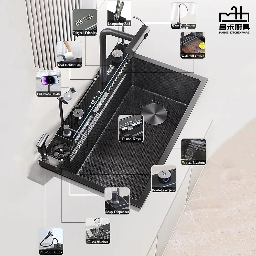 Waterfall Multifunctional Smart Kitchen Sink with Phone Holder and Spray Gun