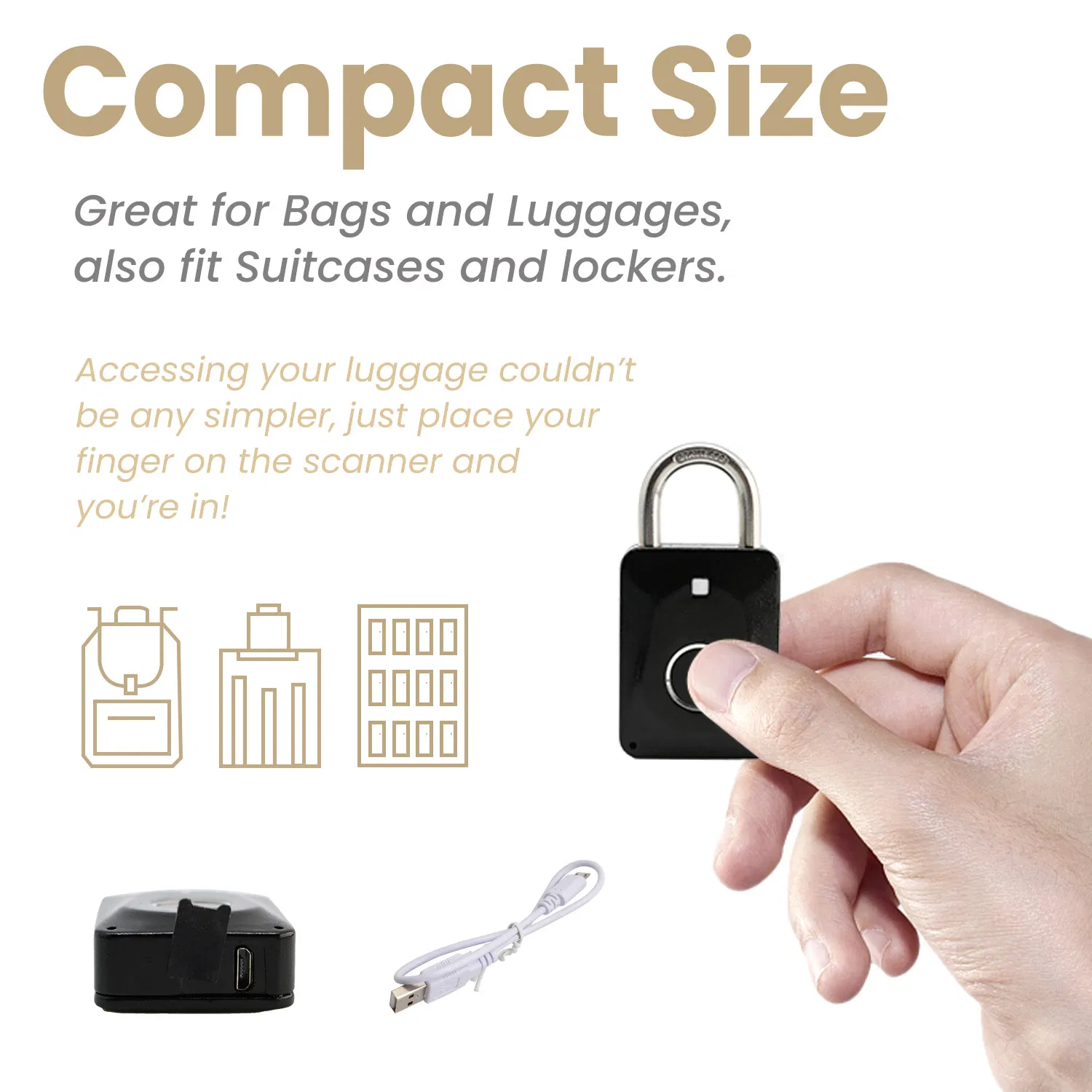 35mm Fingerprint Padlock Smart Lock with USB Charging for Bags Luggage Suitcases Locker