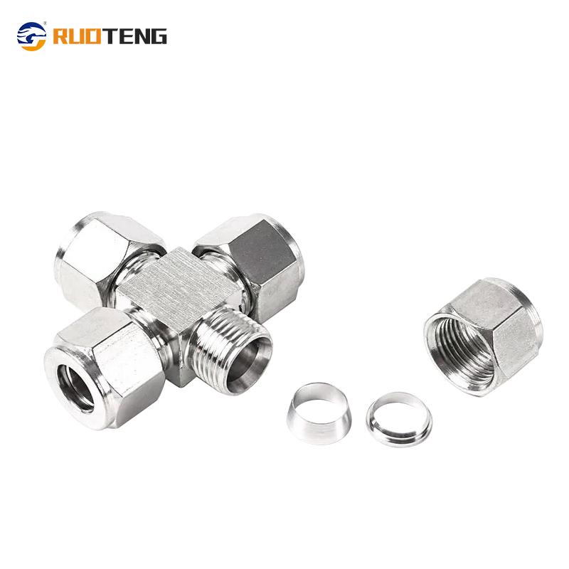 [Ruoteng] 316L Stainless Steel Forged Cross-Type Tube Union with Dual Ferrules Tube Fittings